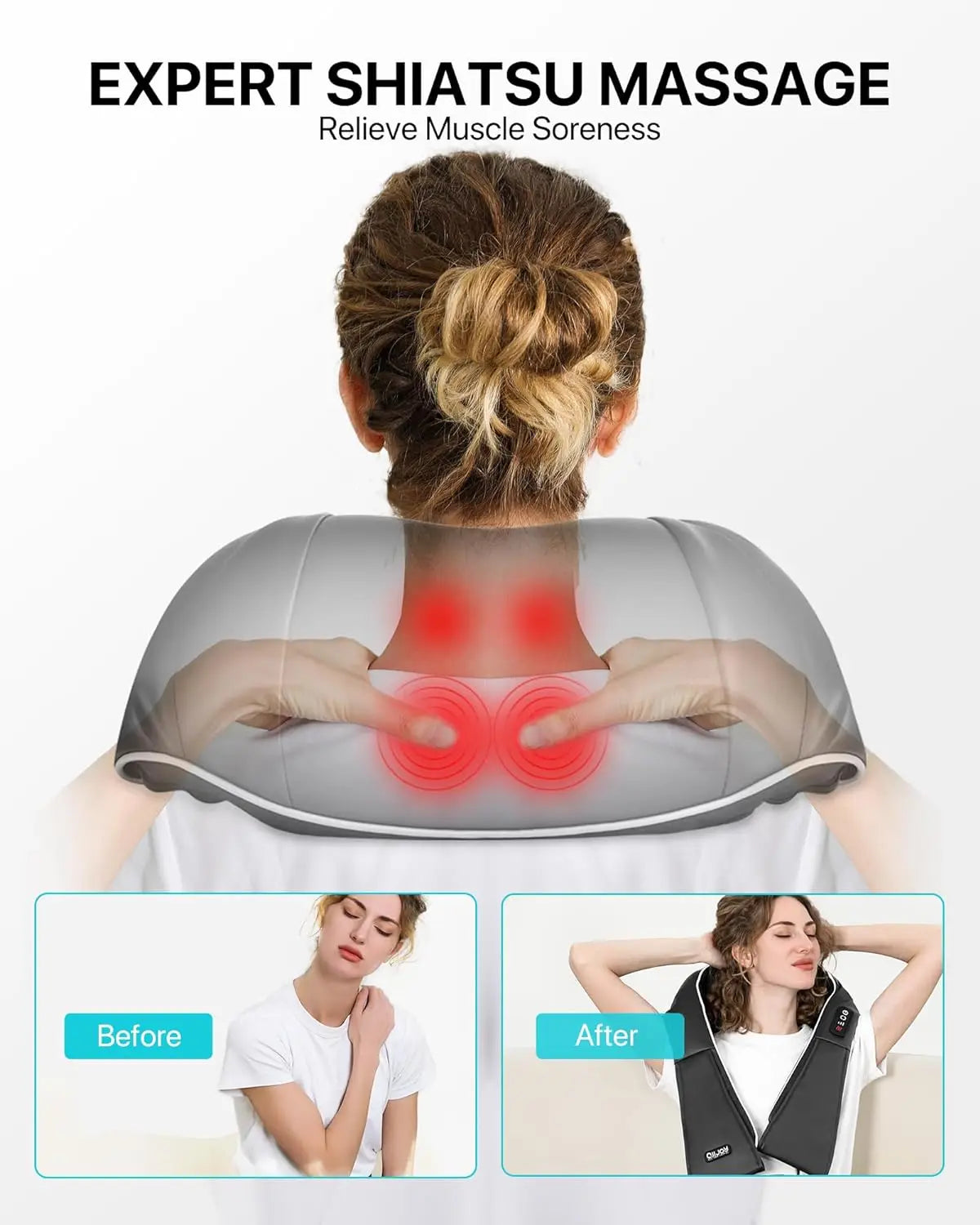Shiatsu Neck and Shoulder Massager Heated Back Massager U Shape Deep Kneading Electric Massage Pillow For Neck Waist Leg Body